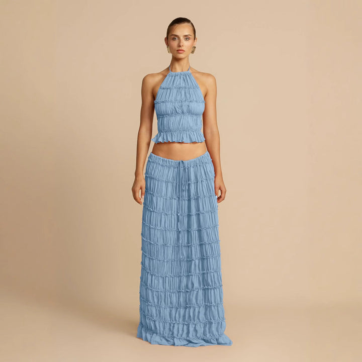 Damen Elegantes und verspieltes Zweiteiliges Sommerkleid mit gerafftem Oberteil und fließendem Rock Drune