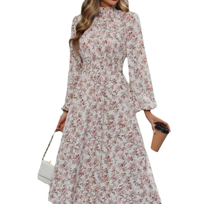 Damen Maxikleid mit hochgeschlossenem Kragen und floralen Details Drune