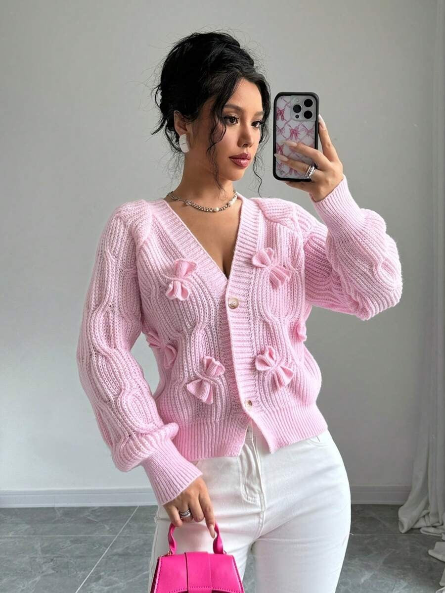 Damen Grob gestrickte Cardigan mit Blumenverzierungen und V-Ausschnitt Drune