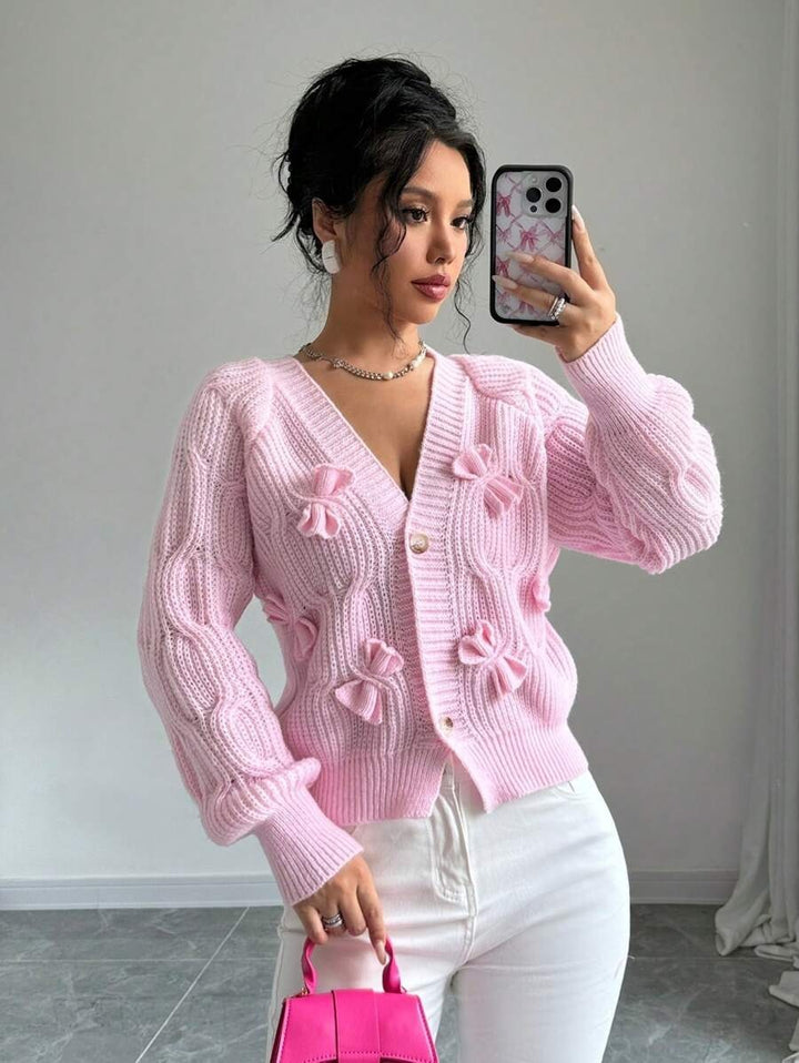 Damen Grob gestrickte Cardigan mit Blumenverzierungen und V-Ausschnitt Drune
