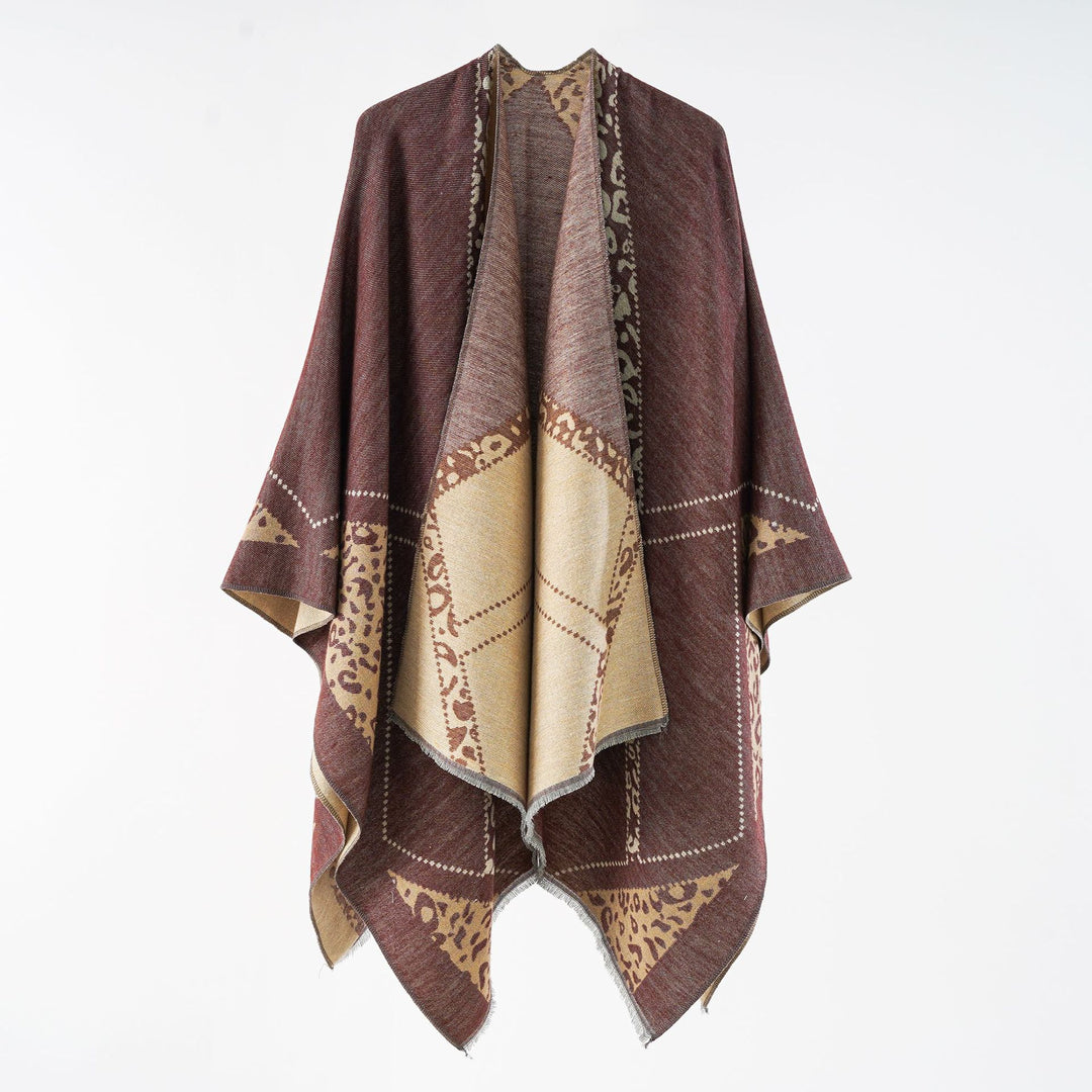 Damen Oversize Cape-Überwurf mit jacquardgewebten Patchmotiven und Fransensaum Drune