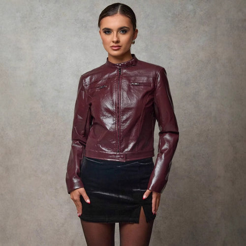 Damen Kurze Kunstlederjacke mit asymmetrischem Schnitt Drune