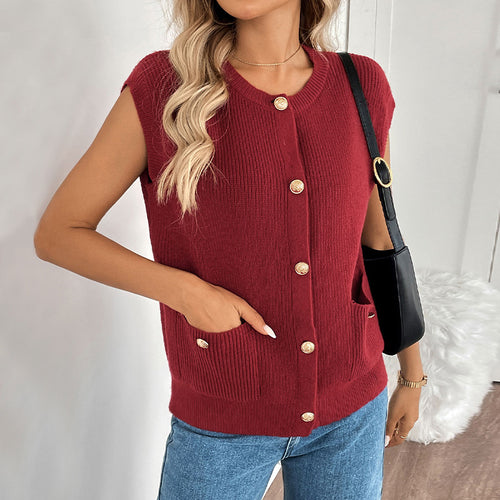 Damen Ärmellose Strickweste mit Zierknopfleiste, aufgesetzten Taschen & gerippter Struktur Drune