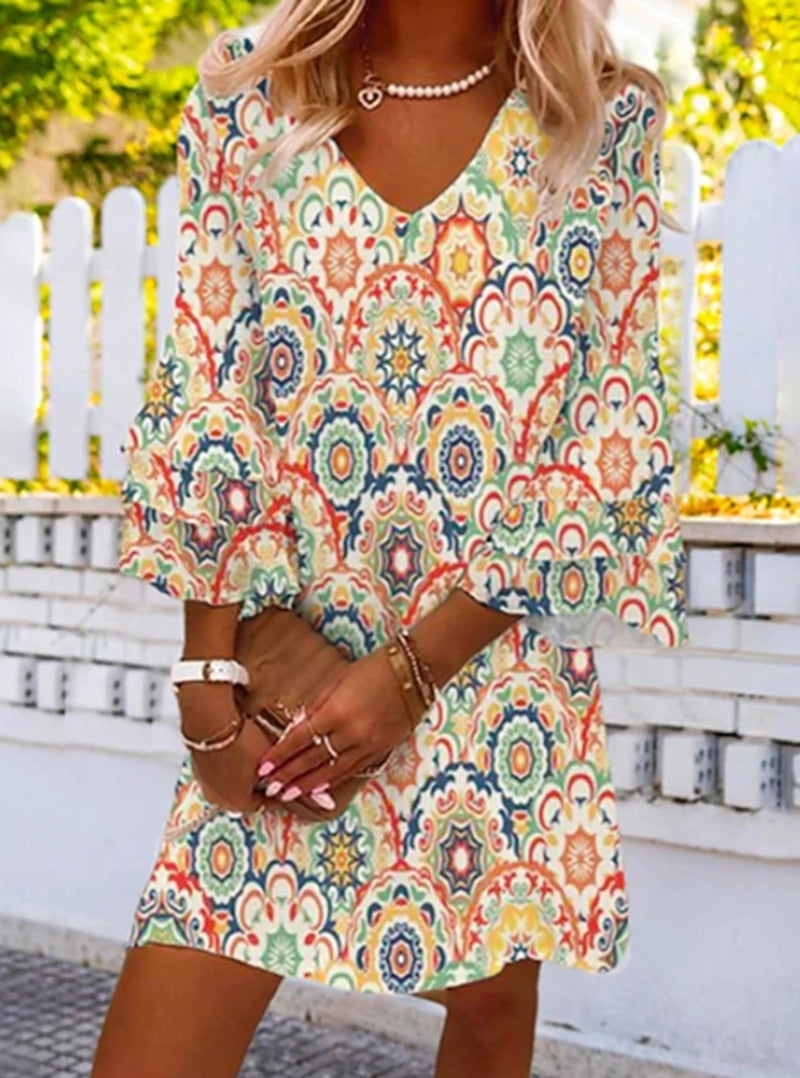 Damen nan locker fallendes A‑Linien‑Minikleid mit V‑Ausschnitt dreiviertel‑Glockenärmeln und ornamentalem Mandala‑Print Drune