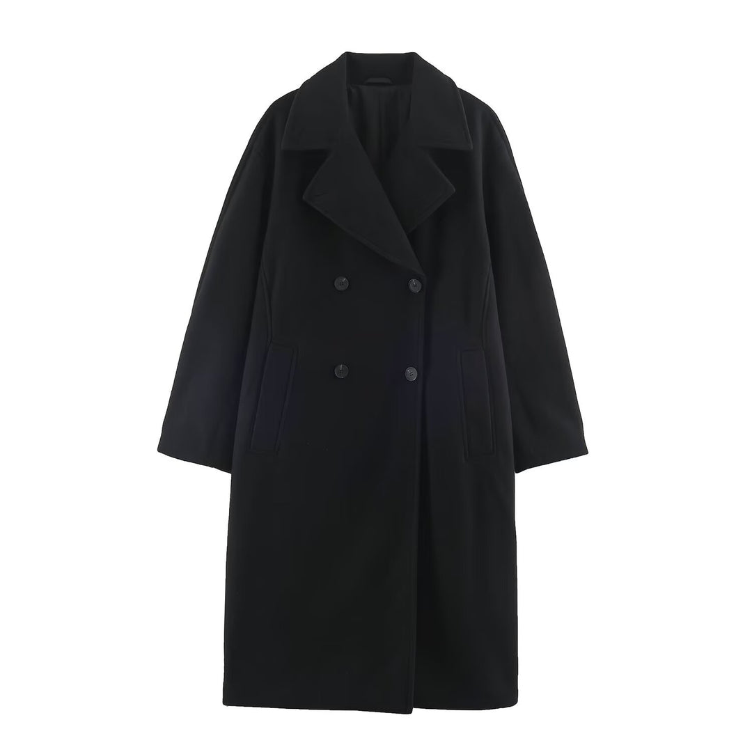 Damen Midilanger Wollmix-Doppelreihenmantel mit weitem Revers und Eingrifftaschen Drune