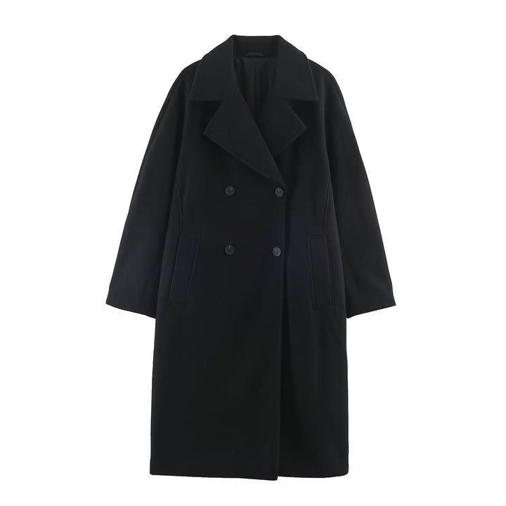 Damen Midilanger Wollmix-Doppelreihenmantel mit weitem Revers und Eingrifftaschen Drune