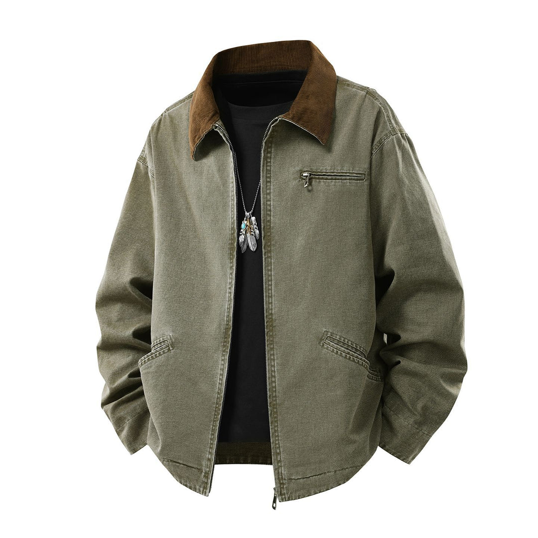 Herren gewaschene Baumwoll-Workerjacke mit Cordkragen und Reißverschluss Drune
