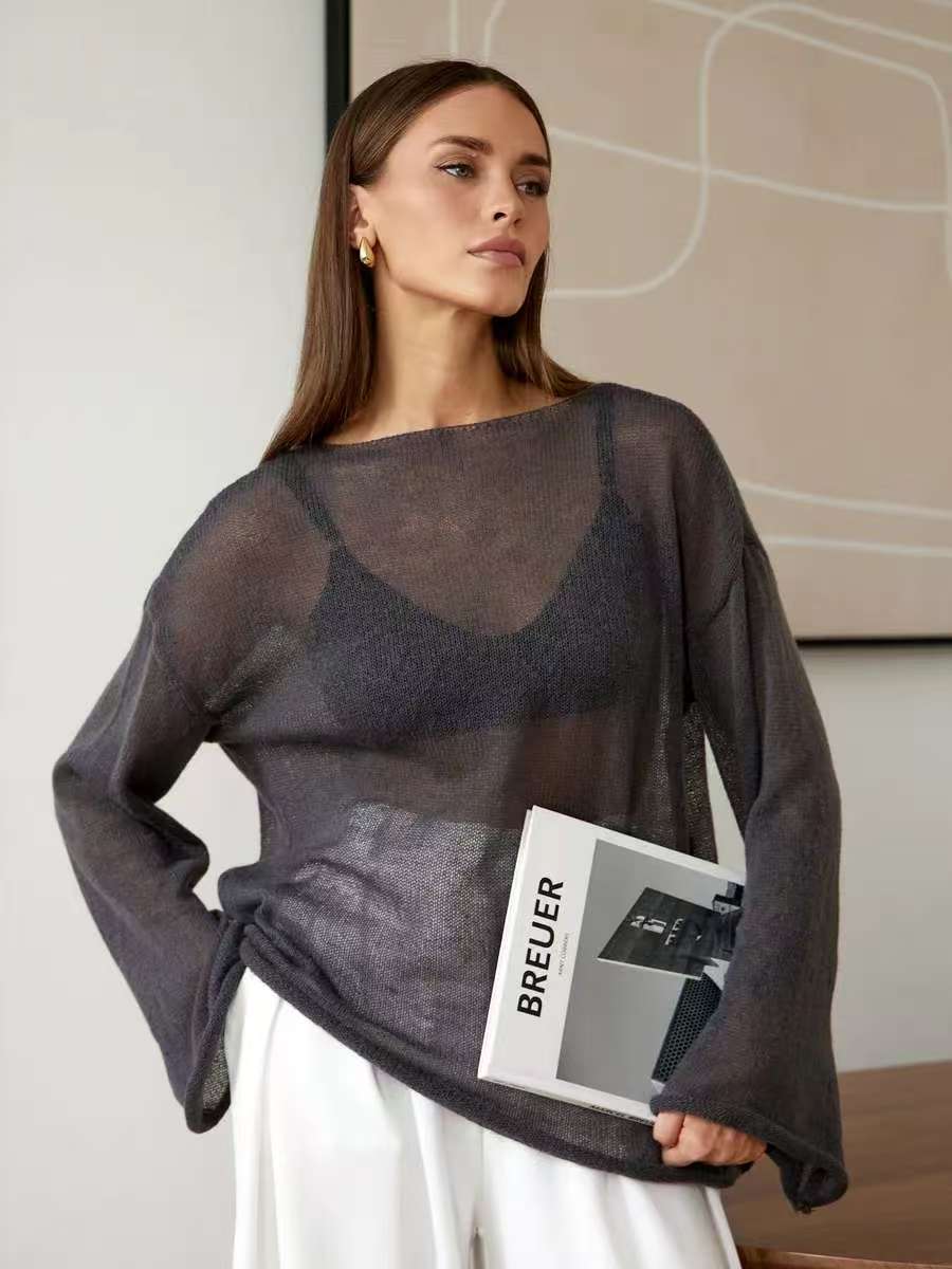 Damen luftiger Off-Shoulder Pullover mit weitem Schnitt aus feiner Strickqualität Drune