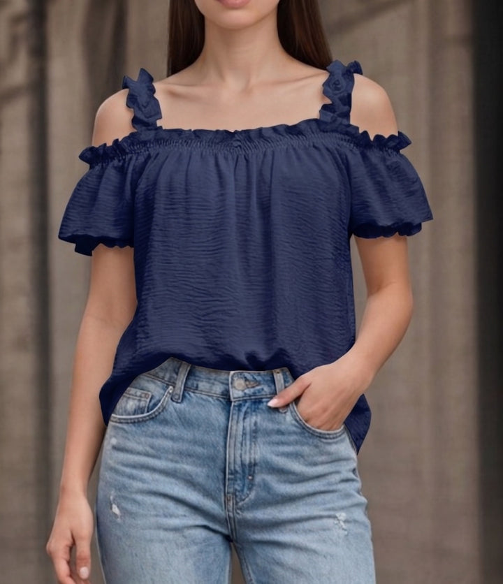 Damen Schulterfreies Crinkle-Top mit Smok-Bandeau, Rüschen‑Trägern und Flügelärmeln Drune