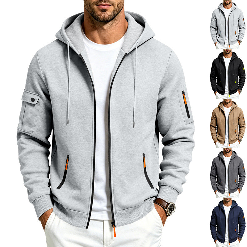 Herren Kapuzen-Reißverschlussjacke mit Ärmeltaschen, Kontrast-Zipper und Rippbündchen Drune