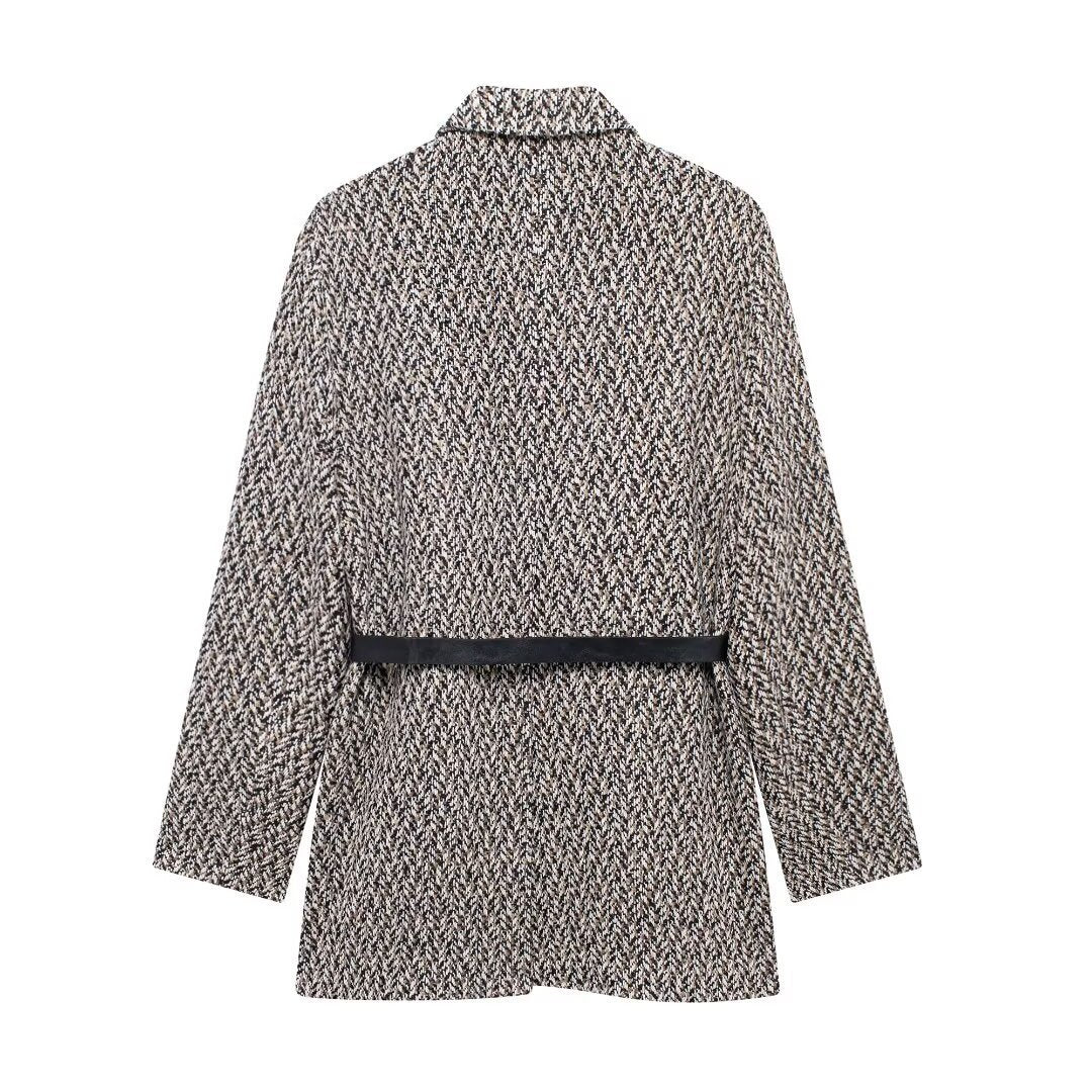 Damen Midilanger Bouclé-Tweed-Blazerjacke mit Lederimitat‑Gürtel Drune