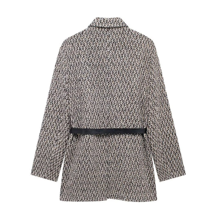 Damen Midilanger Bouclé-Tweed-Blazerjacke mit Lederimitat‑Gürtel Drune