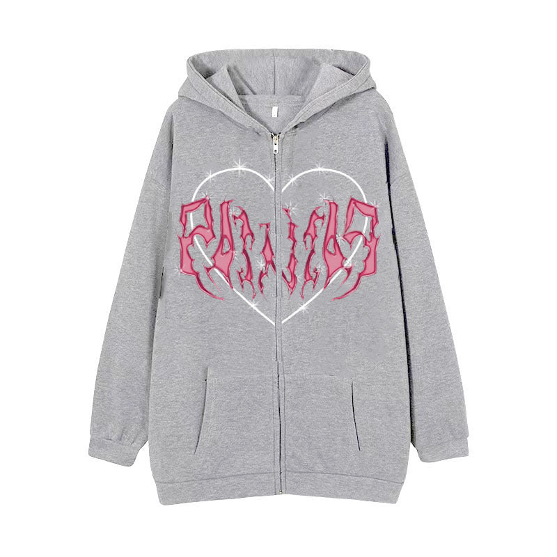 Damen nan Kapuzenjacke mit durchgehendem Reißverschluss und Rippenherz-Print Drune