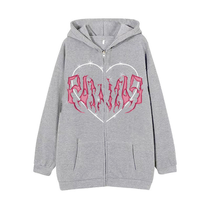Damen nan Kapuzenjacke mit durchgehendem Reißverschluss und Rippenherz-Print Drune
