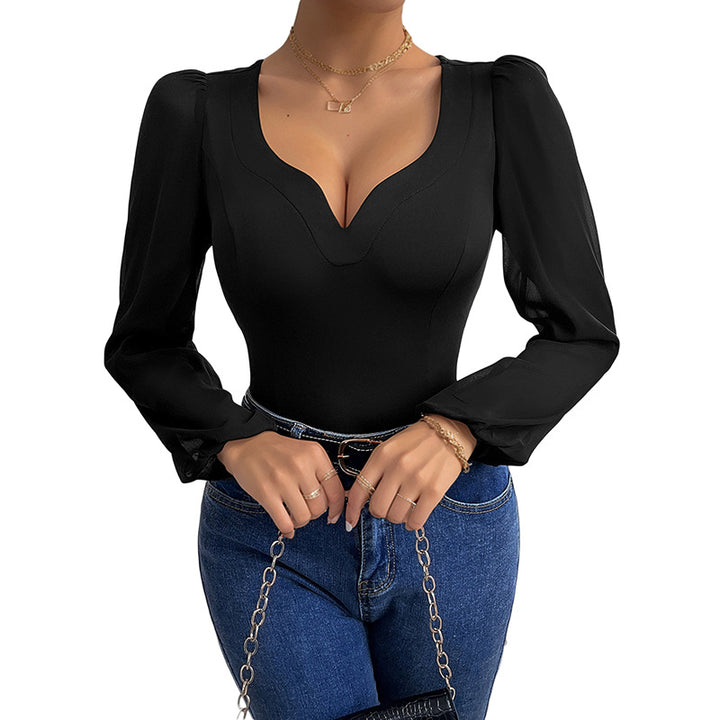 Damen Eleganter Bodys mit V-Ausschnitt und Puffärmeln Drune