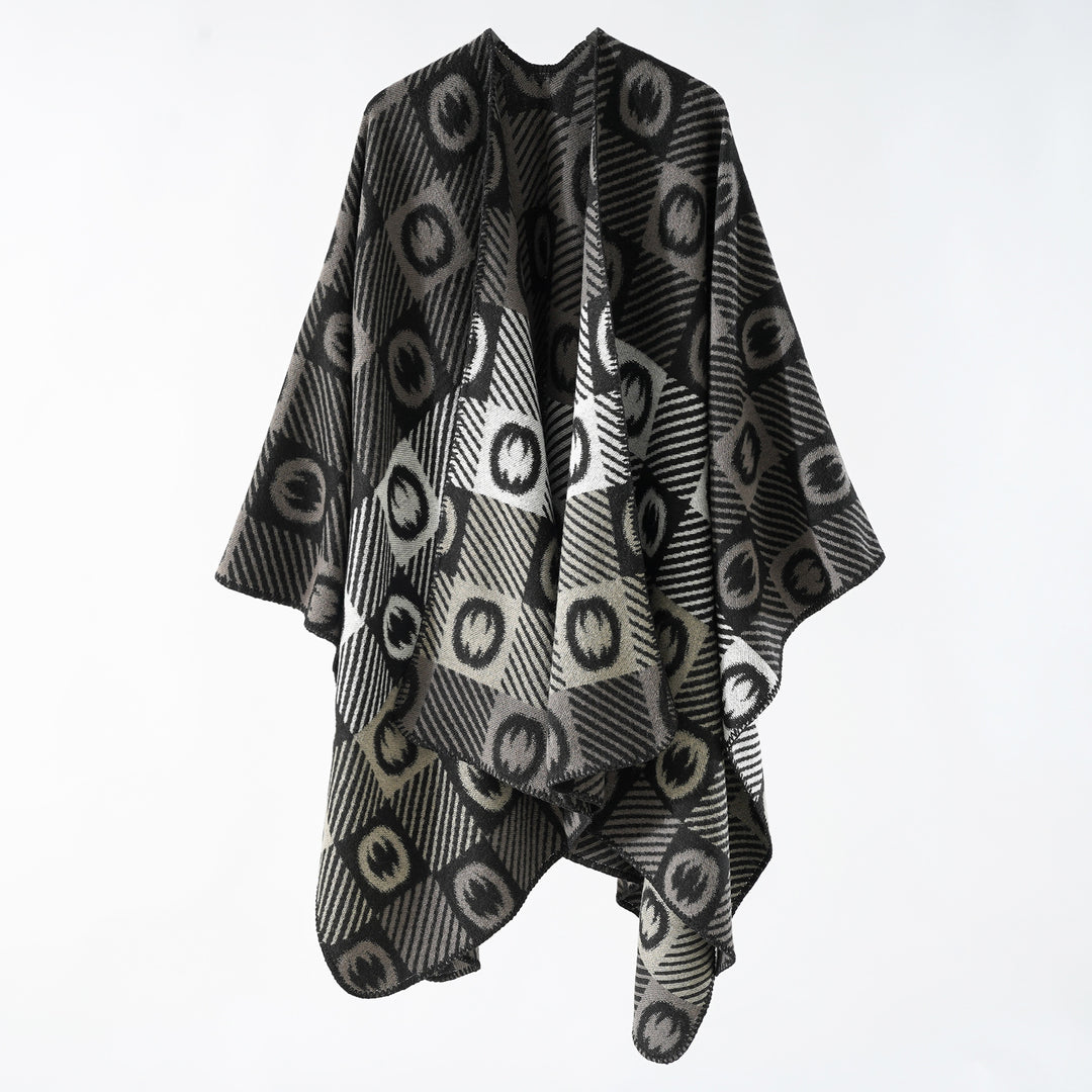 Damen Jacquard-Wickelponcho aus feinem Strick mit grafischem Kreis-Jacquard und offener Kimono-Silhouette Drune