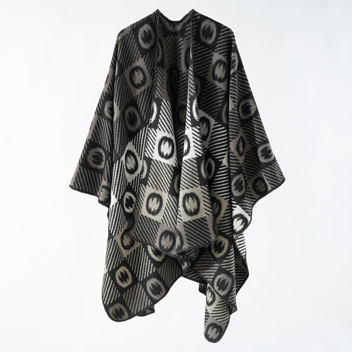 Damen Jacquard-Wickelponcho aus feinem Strick mit grafischem Kreis-Jacquard und offener Kimono-Silhouette Drune