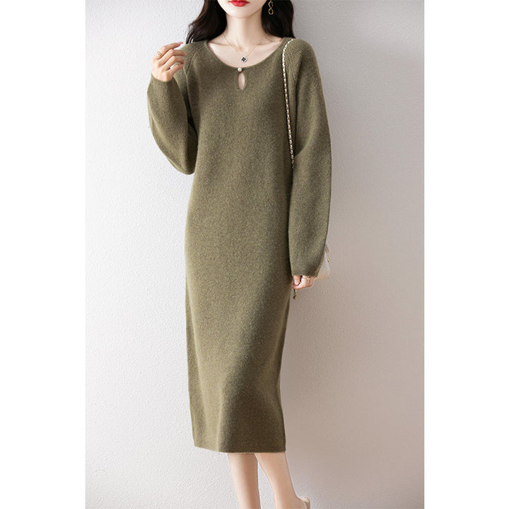 Damen gemütliches Strickkleid mit tiefem Ausschnitt und eleganter Schnittführung Drune