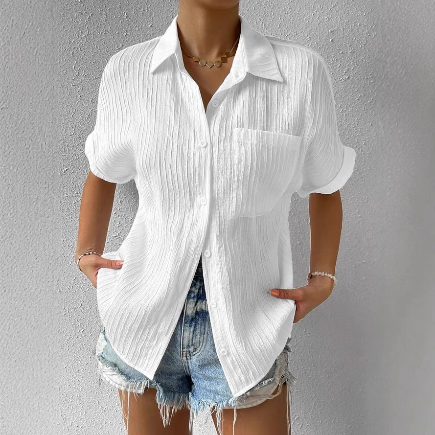 Damen nan Crinkle-Optik-Hemdbluse mit Brusttasche, Krempelärmeln und lockerer Passform Drune