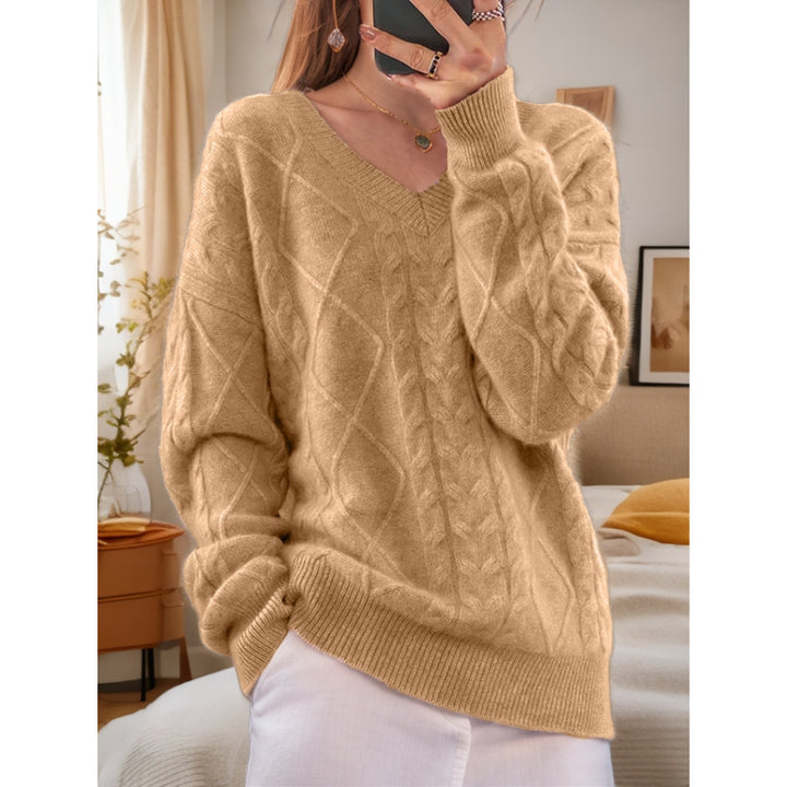 Damen nan kuscheliger V-Ausschnitt Zopfmuster-Pullover mit Oversize-Schnitt und Rippabschlüssen Drune