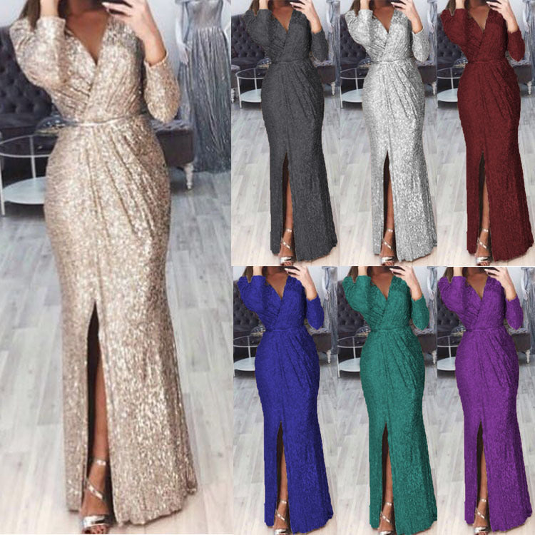 Damen Abendkleid mit Wickelfront, langem Beinschlitz und taillierter Meerjungfrauen‑Silhouette Drune