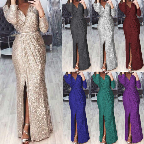 Damen Abendkleid mit Wickelfront, langem Beinschlitz und taillierter Meerjungfrauen‑Silhouette Drune