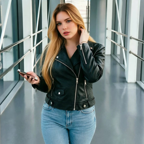 Damen Trendige Bikerjacke aus hochwertigem Kunstleder Drune