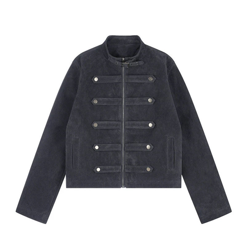 Damen Kurzjacke aus Veloursleder im militärischen Stil mit Stehkragen und Zierriegeln Drune