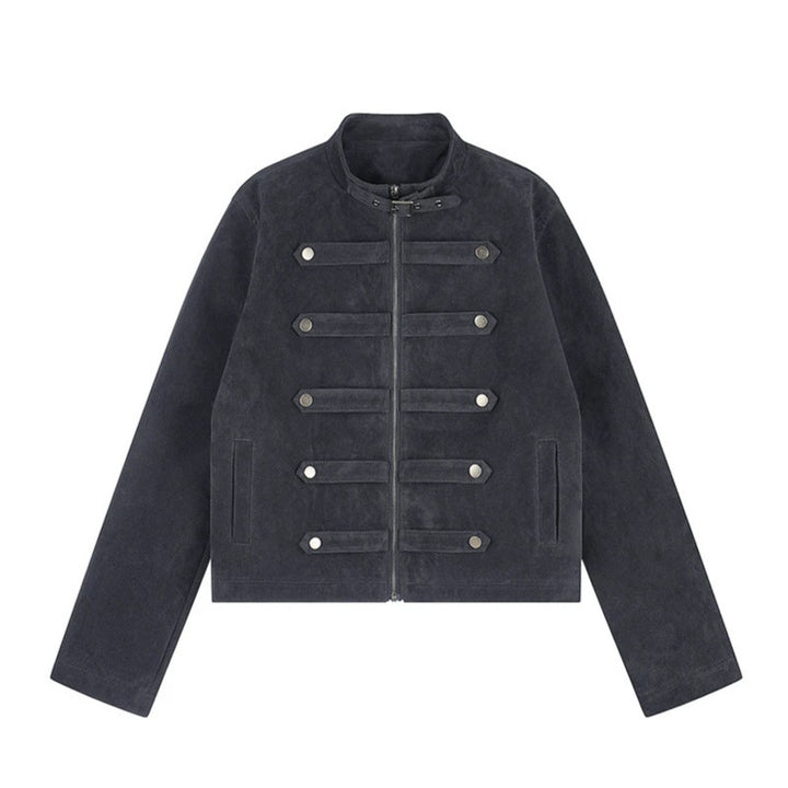 Damen Kurzjacke aus Veloursleder im militärischen Stil mit Stehkragen und Zierriegeln Drune