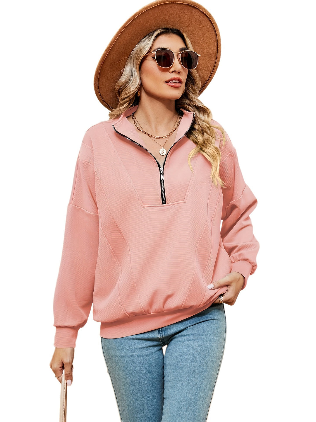 Damen Sweatshirt mit halbem Zipper und dekorativen Nähten Drune