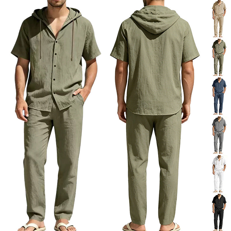 Herren nan luftiges Leinen-Lounge-Set mit kurzärmeligem Kapuzenhemd und gerader Relaxhose Drune