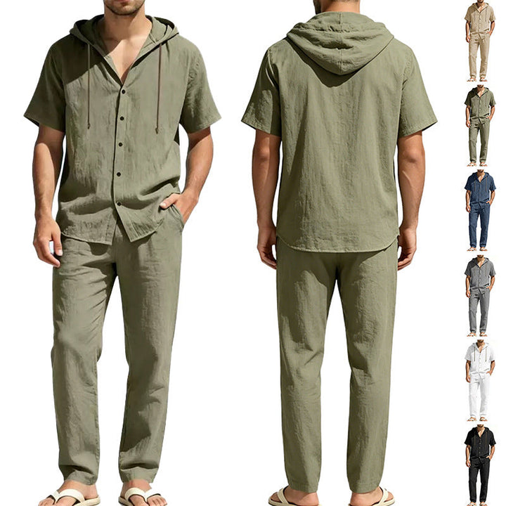 Herren nan luftiges Leinen-Lounge-Set mit kurzärmeligem Kapuzenhemd und gerader Relaxhose Drune