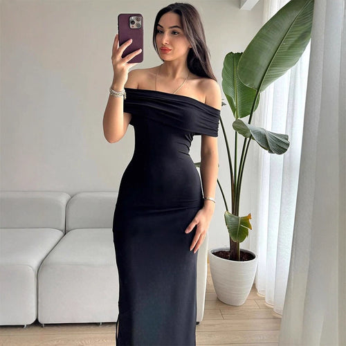 Damen Off-Shoulder Maxikleid mit raffinierten Rüschendetails Drune
