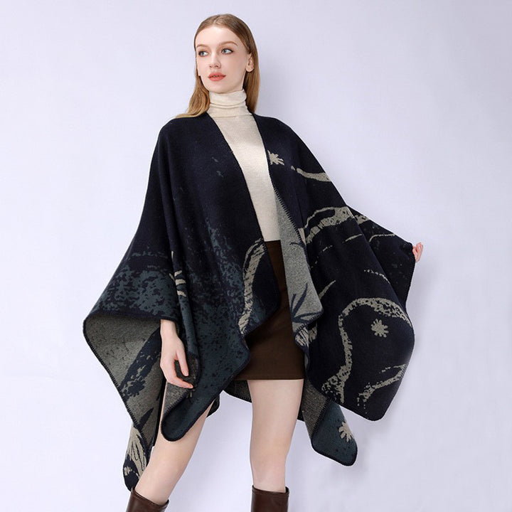 Damen Überschnittenes Jacquard‑Wickelcape aus feinem Strick mit asymmetrischem Saum Drune
