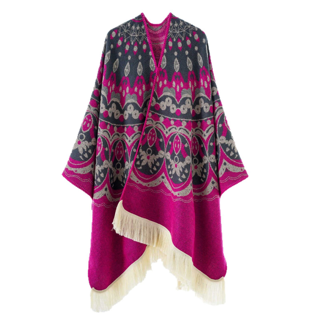 Damen Gewebter Jacquard-Poncho mit V-Ausschnitt, Ethno‑Print und Fransen Drune