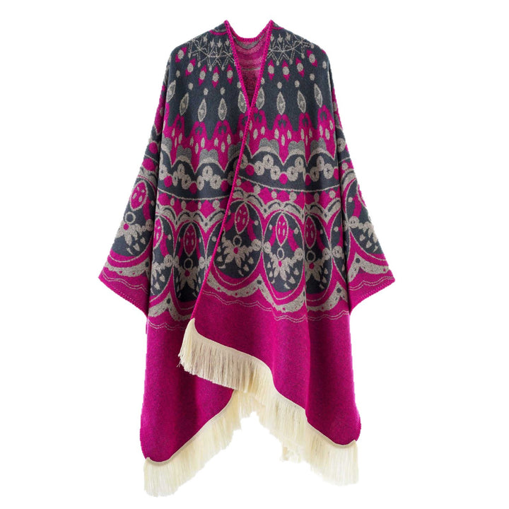 Damen Gewebter Jacquard-Poncho mit V-Ausschnitt, Ethno‑Print und Fransen Drune