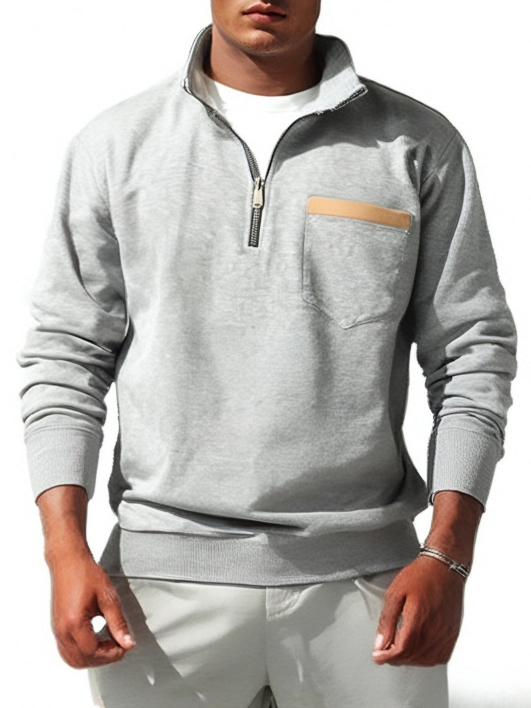 Herren nan feinstrukturiertes Halbzip-Feinstrickpullover mit Stehkragen, Brusttasche und schmaler Silhouette Drune