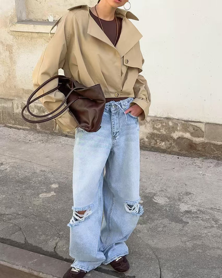 Damen Trendige Cropped Trenchjacke mit innovativen Ärmeln Drune
