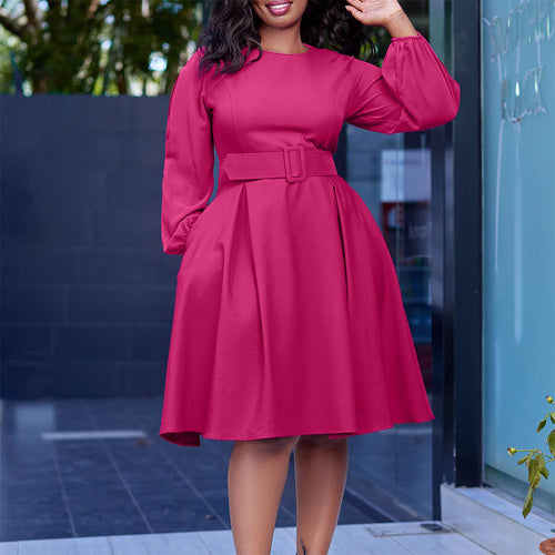 Damen Midi-Kleid mit ausgestellten Ärmeln und abnehmbarem Taillengürtel Drune