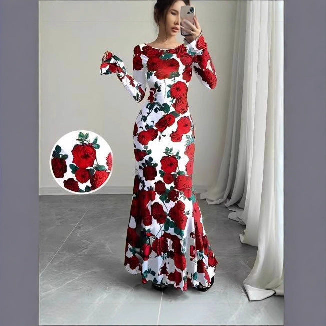 Damen nan eng anliegendes Maxikleid mit Meerjungfrauen-Schnitt, langen Glockenärmeln und Rüschensaum Drune