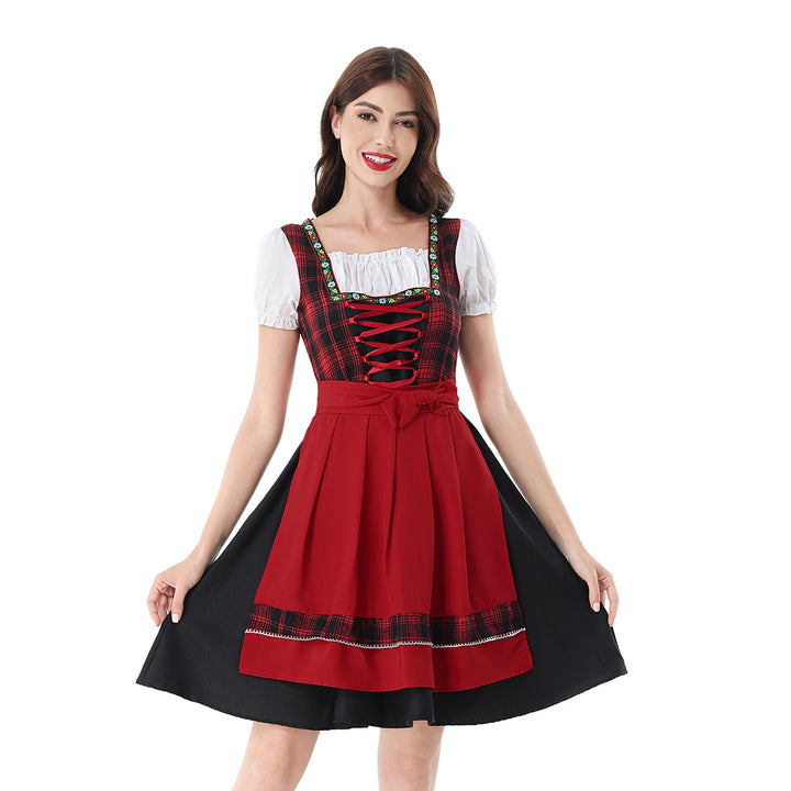 Damen nan traditionelles Dirndlkleid mit kariertem Mieder, Schnürung, Puffärmeln und Schürze Drune