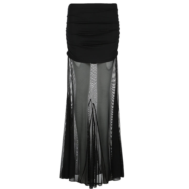Damen Maxi-Rock mit transparentem Chiffon und gerafft Bund Drune