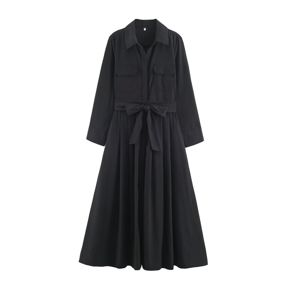 Damen Hemdblusenkleid mit Taillengürtel und A-Linien-Skirt Drune