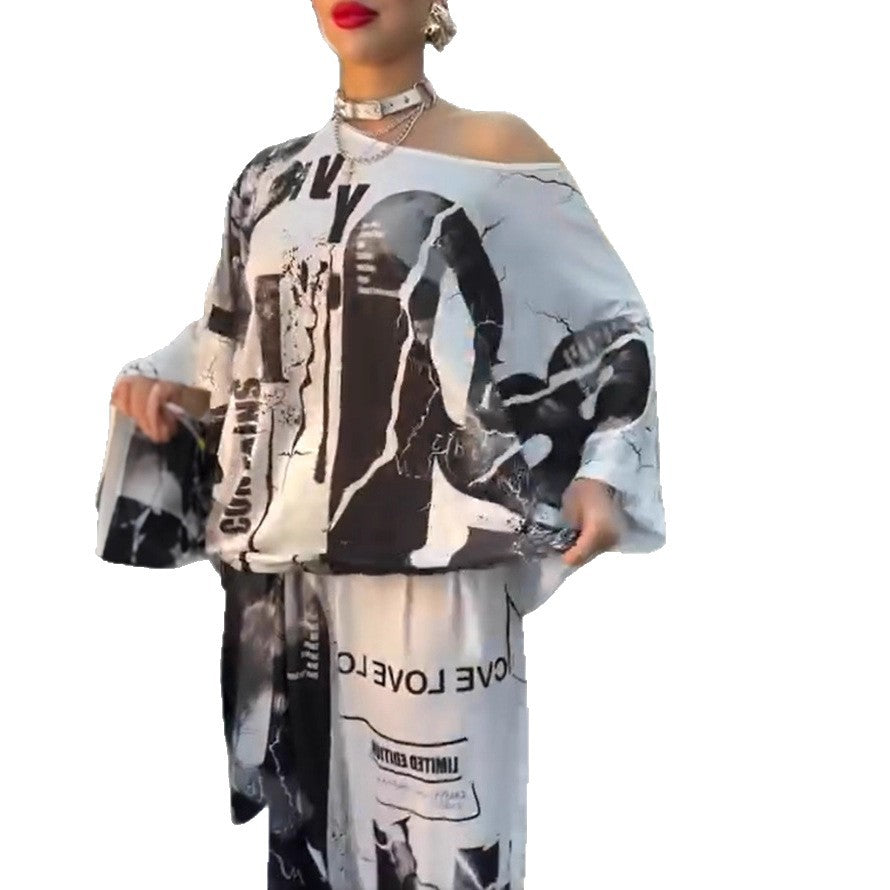 Damen nan zweiteiliges weites Satin-Freizeit-Set mit schulterfreiem Fledermaus-Top und Palazzohose Drune
