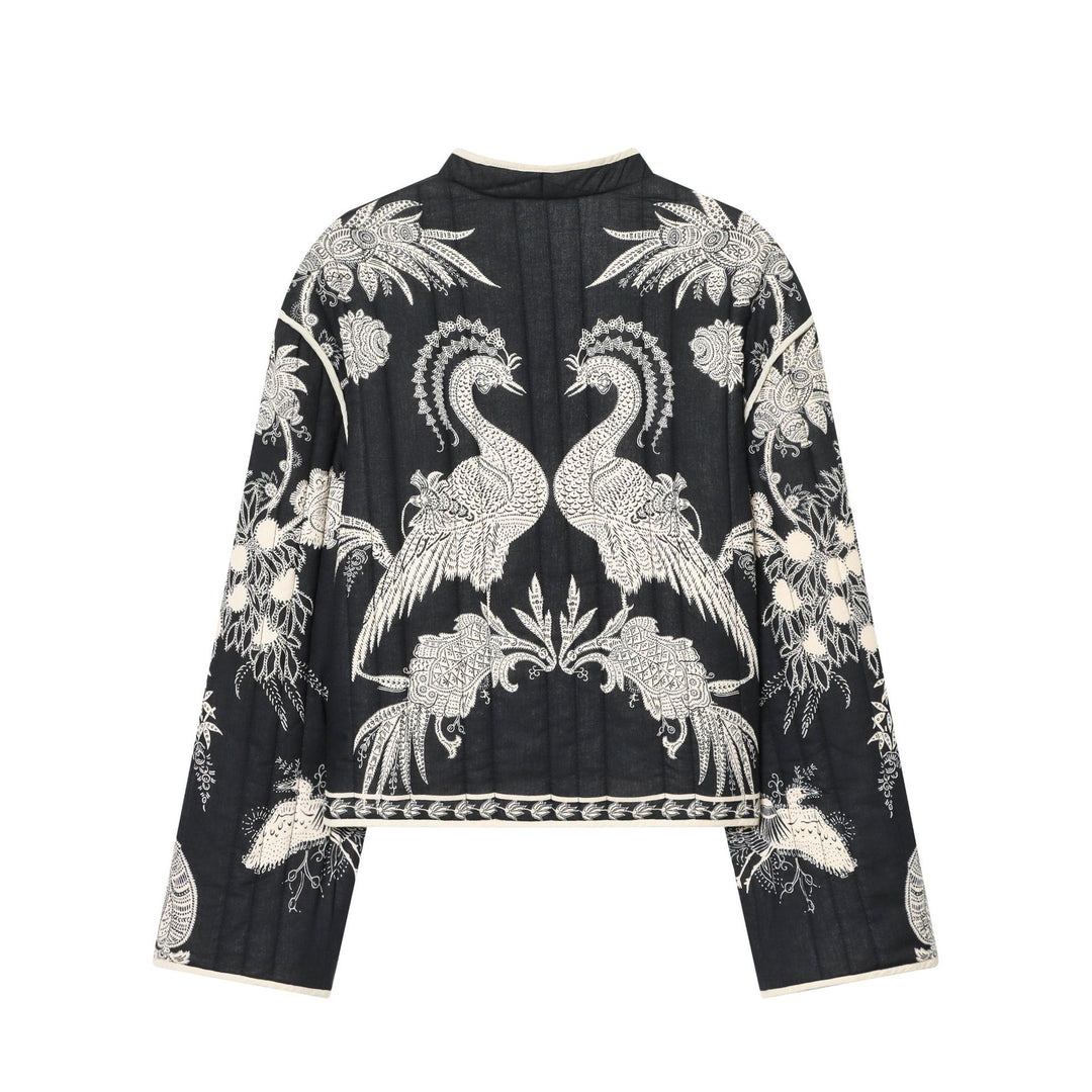 Damen nan kimonoartige gesteppte Jacke mit floraler Stickerei und kontrastpaspel Drune