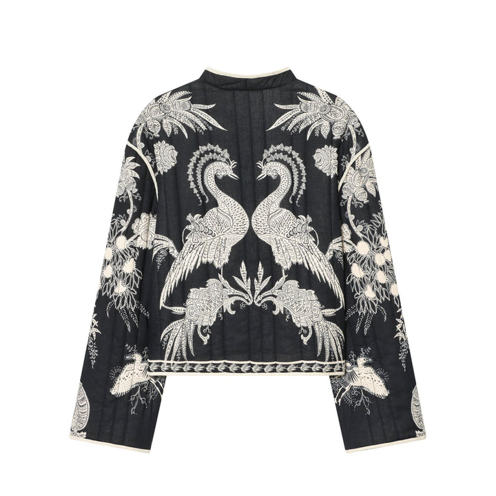 Damen nan kimonoartige gesteppte Jacke mit floraler Stickerei und kontrastpaspel Drune