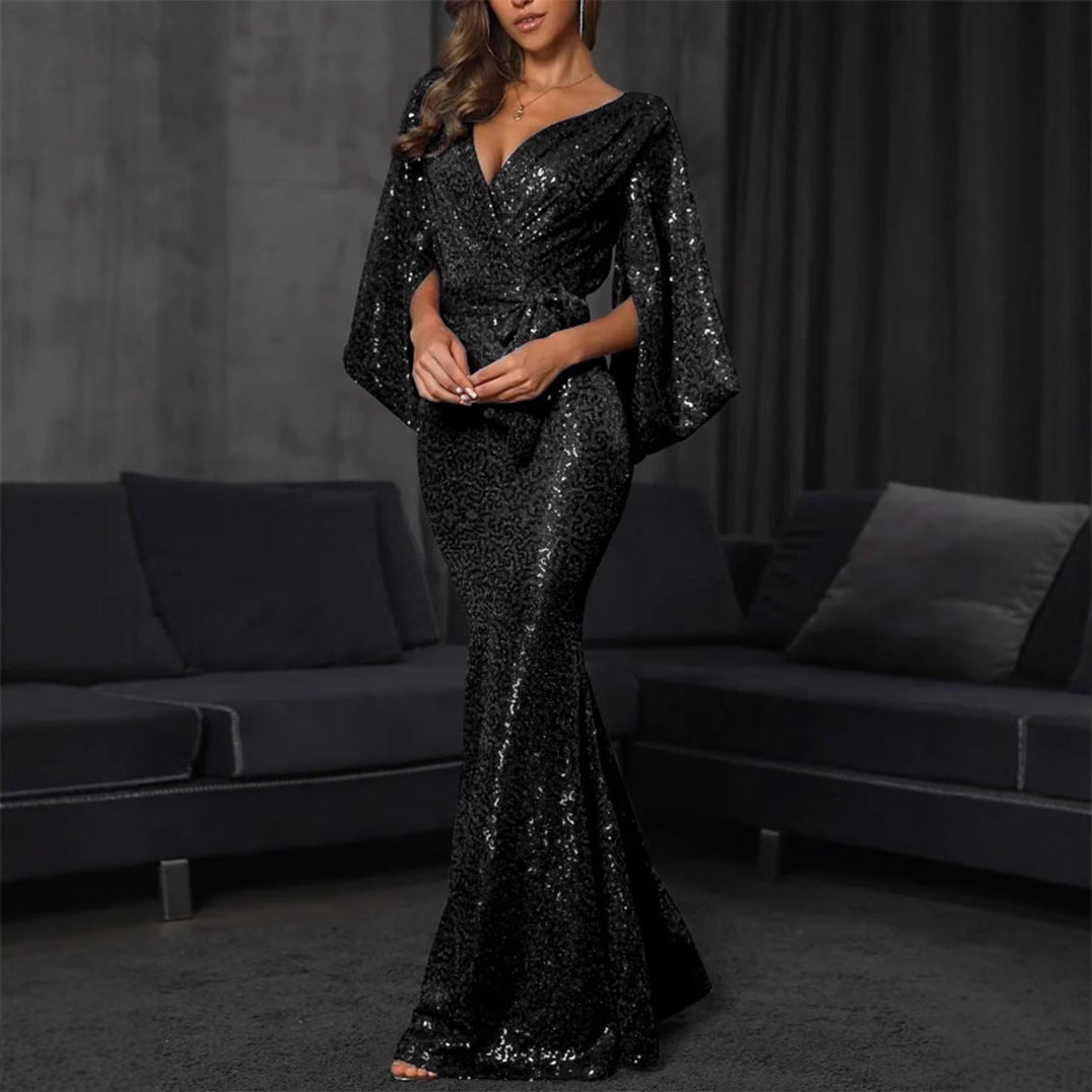Damen Elegantes Abendkleid mit Pailletten und tiefem V-Ausschnitt Drune
