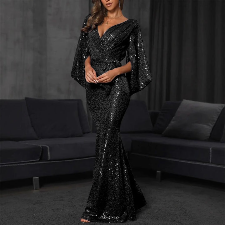 Damen Elegantes Abendkleid mit Pailletten und tiefem V-Ausschnitt Drune
