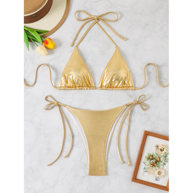 Damen Glänzender Triangel-Bikini mit verstellbaren Trägern Drune