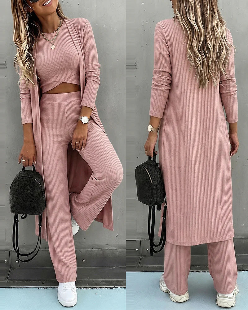 Damen Dreiteiliges Rippstrick-Loungewear-Set mit Longcardigan, bauchfreiem Top und weiter Palazzohose Drune